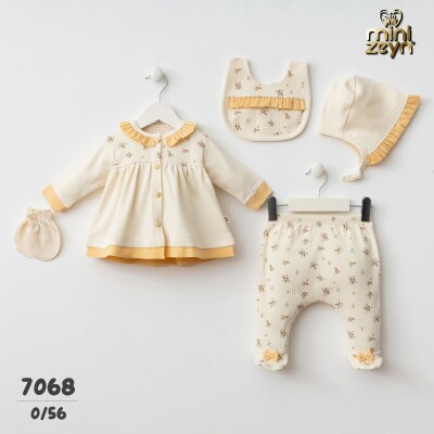 Toptan Bebek Yenidoğan Çiçekli 5'li Takım 0-3M Minizeyn 2014-7068 Sarı