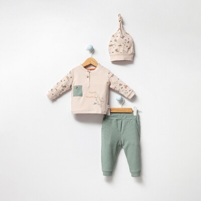 Toptan Erkek Bebek 2'li Şapkalı Badi ve Pantolon Takım 3-18M Bubbles 2040-3003 - Bubbles