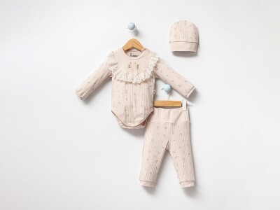 Toptan Kız Bebek 2'li Şapkalı Badi ve Pantolon Takım 3-12M Bubbles 2040-3015 - Bubbles (1)
