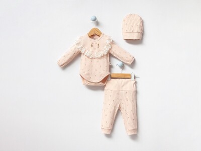 Toptan Kız Bebek 2'li Şapkalı Badi ve Pantolon Takım 3-12M Bubbles 2040-3015 Somon
