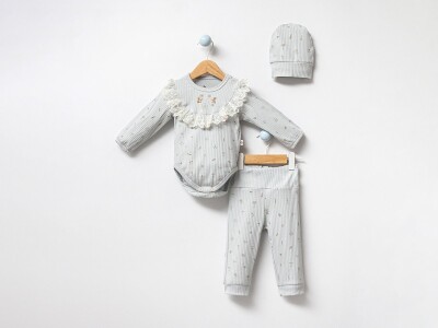Toptan Kız Bebek 2'li Şapkalı Badi ve Pantolon Takım 3-12M Bubbles 2040-3015 - Bubbles