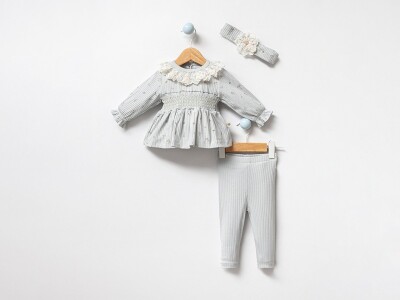 Toptan Kız Bebek 2'li Taçlı Bluz ve Pantolon Takımı 3-18M Bubbles 2040-3044 Mint Yeşili