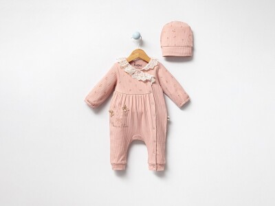 Toptan Kız Bebek Şapkalı Tulum 0-9M Bubbles 2040-3020 Gül Kurusu