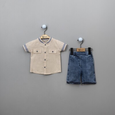Wholesale 2-Piece Baby Boys Shirt Set with Denim Shorts 12-18M Kumru Bebe 1075-3902 Beige