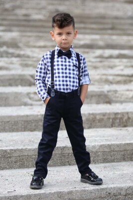 Wholesale 2-Piece Boys Plaid Patterned Shirt and Pants 5-8Y Terry 1036-6288 Navy 
