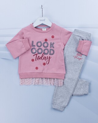 Wholesale 2-Piece Girls Set with Swet and Sweatpants 1-4Y Sani 1068-4581-1 Gray