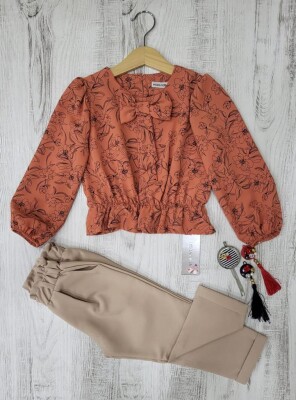 Wholesale 2-Piece Patterned Blouse and Pants 3-7Y Moda Mira 1080-6087 Cinnamon Color