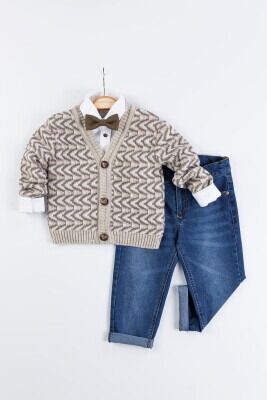 Wholesale 3-Piece Baby Boys Boys Cardigan Set with Denim Pants and Shirts 6-24M Gold Class 1010-1416 Beige