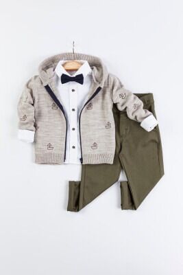 Wholesale 3-Piece Baby Boys Cardigan Set with Shirt and Pants 6-24M Gold Class 1010-1409 Beige
