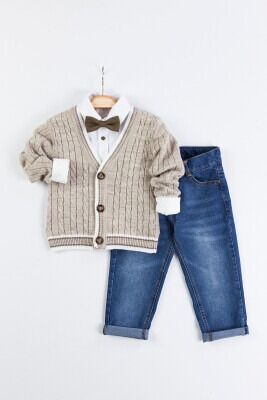 Wholesale 3-Piece Baby Boys Cardigan Set with Shirt and Pants 6-24M Gold Class 1010-1412 Beige
