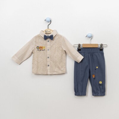 Wholesale 3-Piece Baby Boys Shirt Set with Sweatpants and Bowtie 6-18M Kumru Bebe 1075-3841 Beige