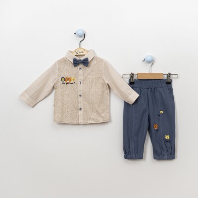Wholesale 3-Piece Baby Boys Shirt Set with Sweatpants and Bowtie 6-18M Kumru Bebe 1075-3841 - Kumru Bebe