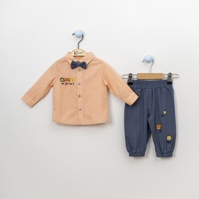 Wholesale 3-Piece Baby Boys Shirt Set with Sweatpants and Bowtie 6-18M Kumru Bebe 1075-3841 Salmon Color 