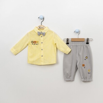 Wholesale 3-Piece Baby Boys Shirt Set with Sweatpants and Bowtie 6-18M Kumru Bebe 1075-3841 Yellow