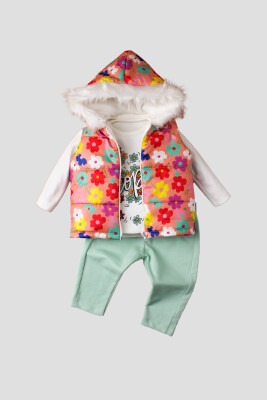 Wholesale 3-Piece Baby Girls Coat Set with Pants and Sweat 9-24M Kidexs 1026-90092 Salmon Color 