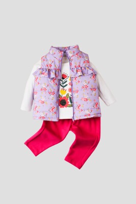 Wholesale 3-Piece Baby Girls Coat Set with Sweat and Sweatpants 9-24M Kidexs 1026-90097 Lilac
