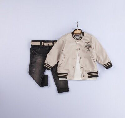 Wholesale 3-Piece Boys Jacket T-shirt and Denim Pants Set 6-9Y Gold Class 1010-3225 Beige