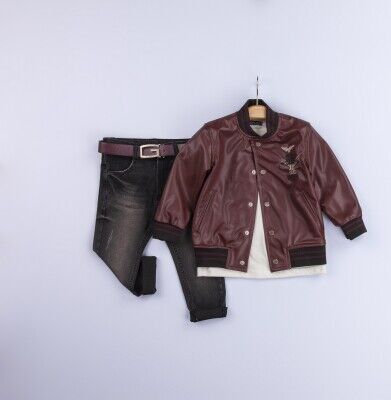 Wholesale 3-Piece Boys Jacket T-shirt and Denim Pants Set 6-9Y Gold Class 1010-3225 Claret Red