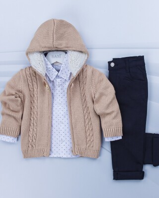 Wholesale 3-Piece Boys Set with Cardigan, Shirt and Pants 2-5Y Sani 1068-9764 Beige
