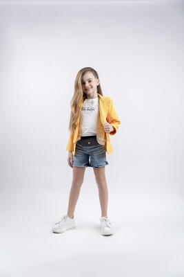Wholesale 3-Piece Girls Denim Shorts T-shirt and Jacket Set 5-8Y Eray Kids 1044-13255 Mustard