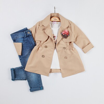Wholesale 3-Piece Girls Jacket Body and Denim Pants Set 2-6Y Miss Lore 1055-5501 Beige