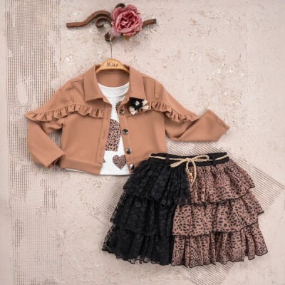 Wholesale 3-Piece Girls Jacket Set with T-shirt and Skirt 2-5Y Miss Olix 1056-2334 - Miss Olix
