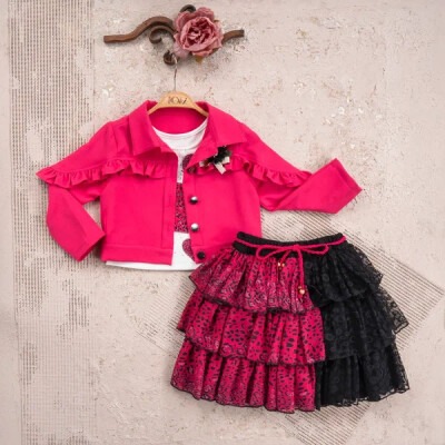 Wholesale 3-Piece Girls Jacket Set with T-shirt and Skirt 2-5Y Miss Olix 1056-2334 Fuschia
