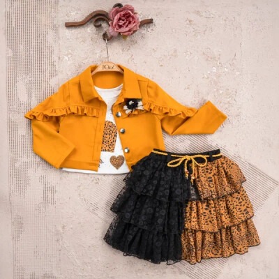 Wholesale 3-Piece Girls Jacket Set with T-shirt and Skirt 2-5Y Miss Olix 1056-2334 Mustard