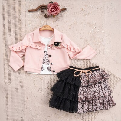 Wholesale 3-Piece Girls Jacket Set with T-shirt and Skirt 2-5Y Miss Olix 1056-2334 Salmon Color 