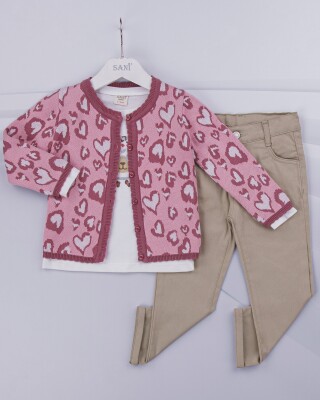 Wholesale 3-Piece Girls Set with Cardigan, Long Sleeve T-shirt and Pants 2-5Y Sani 1068-9766 Pink
