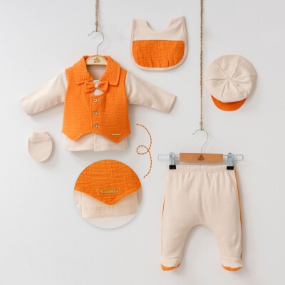 Wholesale 5-Piece Baby Boys Newborn Body Pants Hat Glove Bib Set 0-3M Minizeyn 2014-7048 Orange