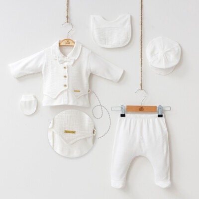 Wholesale 5-Piece Baby Boys Newborn Body Pants Hat Glove Bib Set 0-3M Minizeyn 2014-7048 Ecru