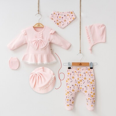 Wholesale 5-Piece Baby Girls Newborn Set Body Pants Hat Bib Glove 0-3M Minizeyn 2014-7043 Pink