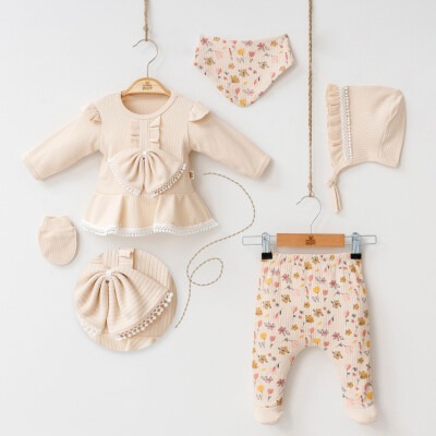 Wholesale 5-Piece Baby Girls Newborn Set Body Pants Hat Bib Glove 0-3M Minizeyn 2014-7043 Beige