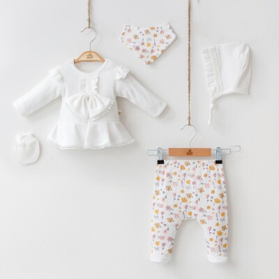 Wholesale 5-Piece Baby Girls Newborn Set Body Pants Hat Bib Glove 0-3M Minizeyn 2014-7043 Ecru