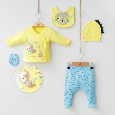 Wholesale 5-Piece Newborn Baby Boys Body Pants Bib Glove and Hat 0-3M Minizeyn 2014-7023 Yellow