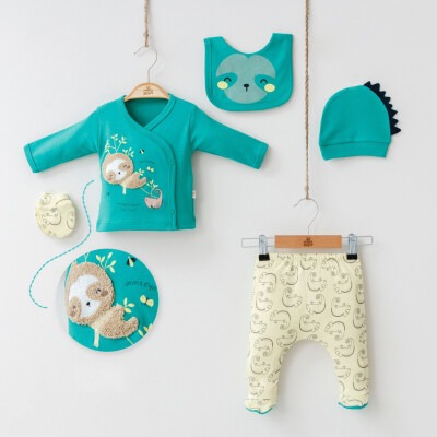 Wholesale 5-Piece Newborn Baby Boys Body Pants Bib Glove and Hat 0-3M Minizeyn 2014-7023 Green