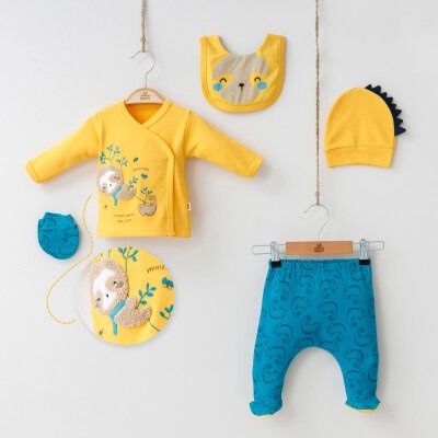 Wholesale 5-Piece Newborn Baby Boys Body Pants Bib Glove and Hat 0-3M Minizeyn 2014-7023 Mustard