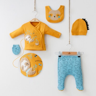 Wholesale 5-Piece Newborn Baby Boys Body Pants Bib Glove and Hat 0-3M Minizeyn 2014-7023 Gold