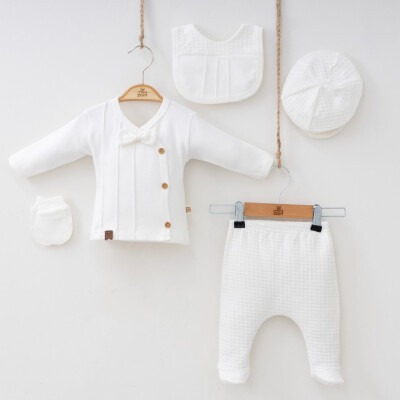 Wholesale 5-Piece Newborn Baby Boys Body Pants Hat Bib Glove 0-3M Minizeyn 2014-7038 Ecru