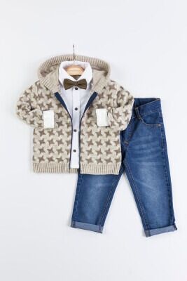 Wholesale Baby Boys 3-Piece Cardigan Set with Shirt and Pants 6-24M Gold Class 1010-1415 Beige