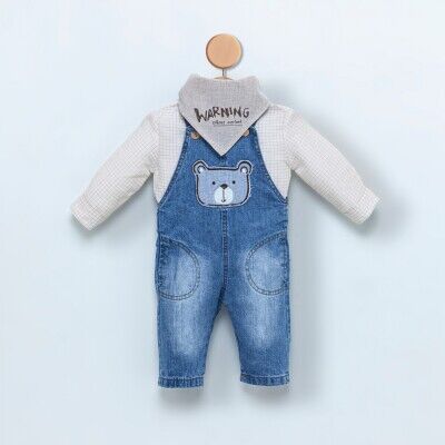 Wholesale Baby Boys 3-Piece Denim Overalls Set with Shirt and Scarf 6-18M Cumino 1014-CMN3379 - Cumino