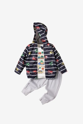 Wholesale Baby Boys 3-Piece Raincoat Set with T-shirt and Pants 9-24M Kidexs 1026-90096 Navy 