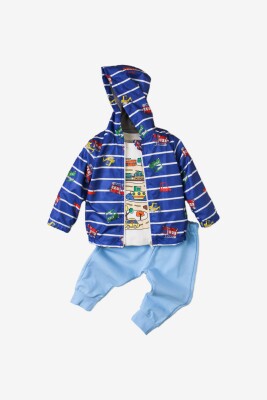 Wholesale Baby Boys 3-Piece Raincoat Set with T-shirt and Pants 9-24M Kidexs 1026-90096 Saxe