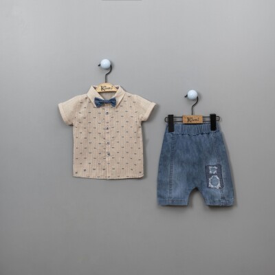 Wholesale Baby Boys 3-Piece Shirt Set with Denim Shorts and Bowtie 6-18M Kumru Bebe 1075-3815 Beige