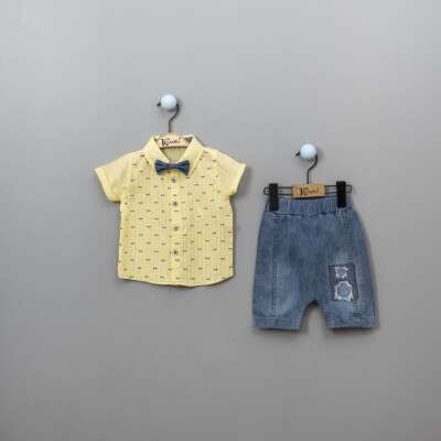 Wholesale Baby Boys 3-Piece Shirt Set with Denim Shorts and Bowtie 6-18M Kumru Bebe 1075-3815 Yellow