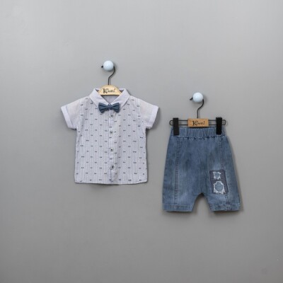 Wholesale Baby Boys 3-Piece Shirt Set with Denim Shorts and Bowtie 6-18M Kumru Bebe 1075-3815 Blue