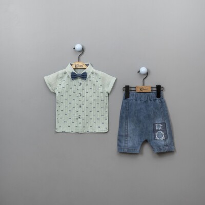 Wholesale Baby Boys 3-Piece Shirt Set with Denim Shorts and Bowtie 6-18M Kumru Bebe 1075-3815 Mint Green 