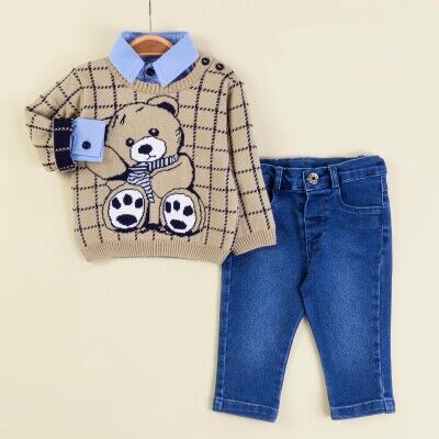 Wholesale Baby Boys 3-Piece Sweater Shirt and Denim Pants Set 6-18M Babymuz 2009-5150 Beige