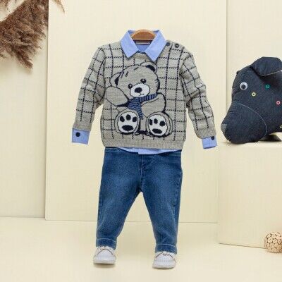 Wholesale Baby Boys 3-Piece Sweater Shirt and Denim Pants Set 6-18M Babymuz 2009-5150 GreyMarl